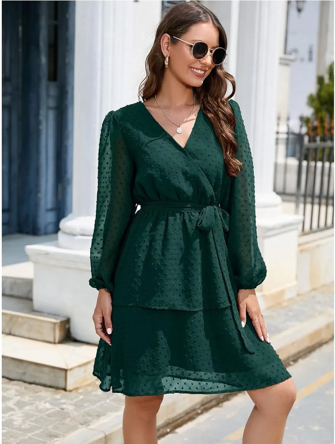 Women's Summer Dresses Casual Dress V Neck Ruffle High Waist Flowy Mini Dress with Belt