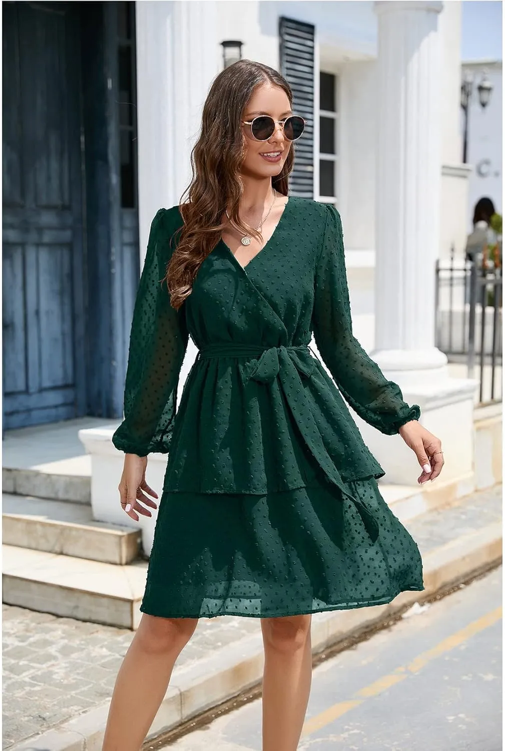 Women's Summer Dresses Casual Dress V Neck Ruffle High Waist Flowy Mini Dress with Belt