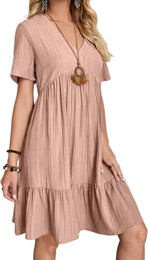 Women's Summer Dresses Casual Midi Swing Short Sleeve V Neck Tiered A Line Flowy Beach Dress Sundress 2024