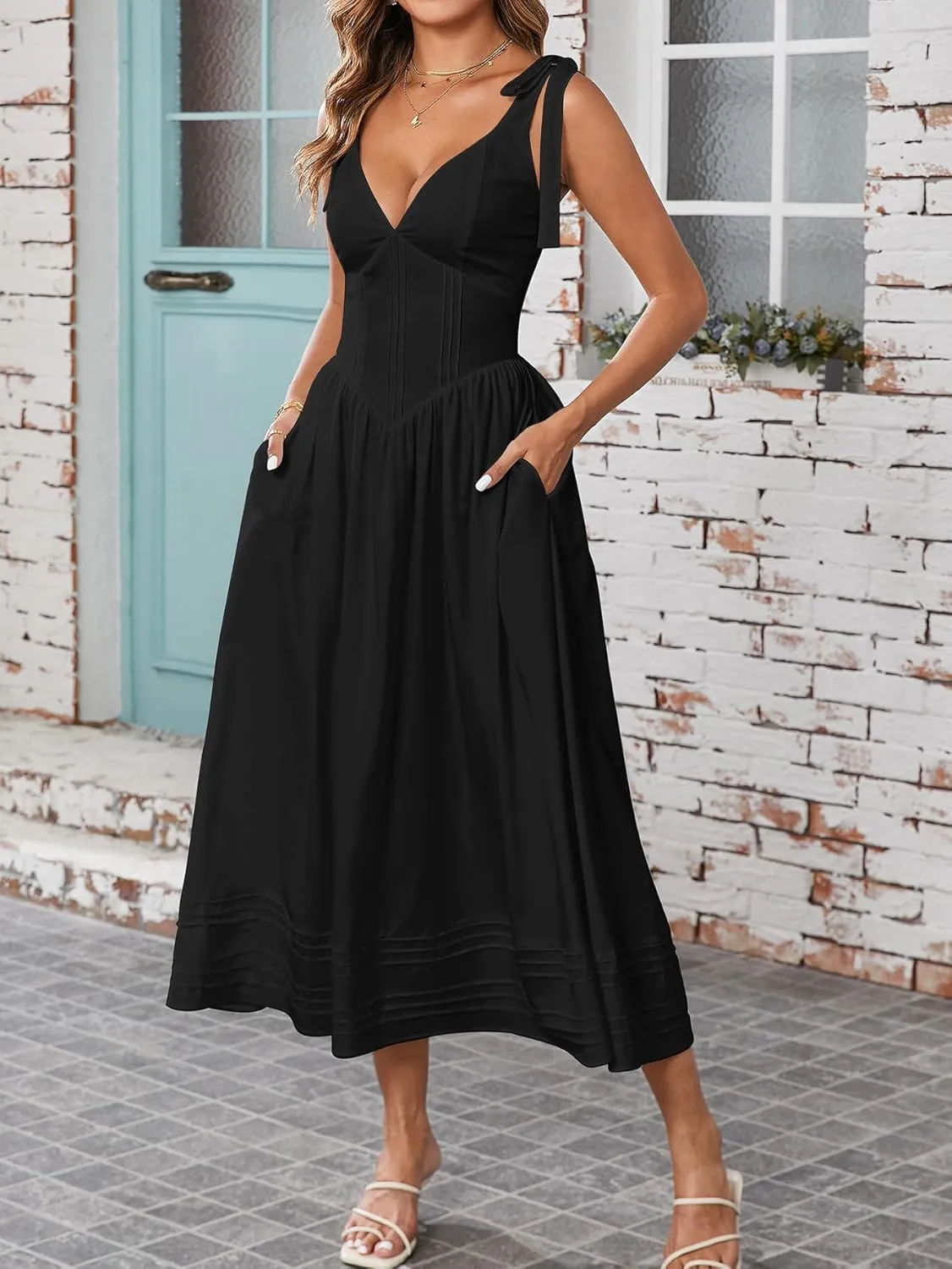Women's Summer Midi Dress V Neck Casual Flowy A Line Sundress Wedding Guest Long Dresses with Pockets
