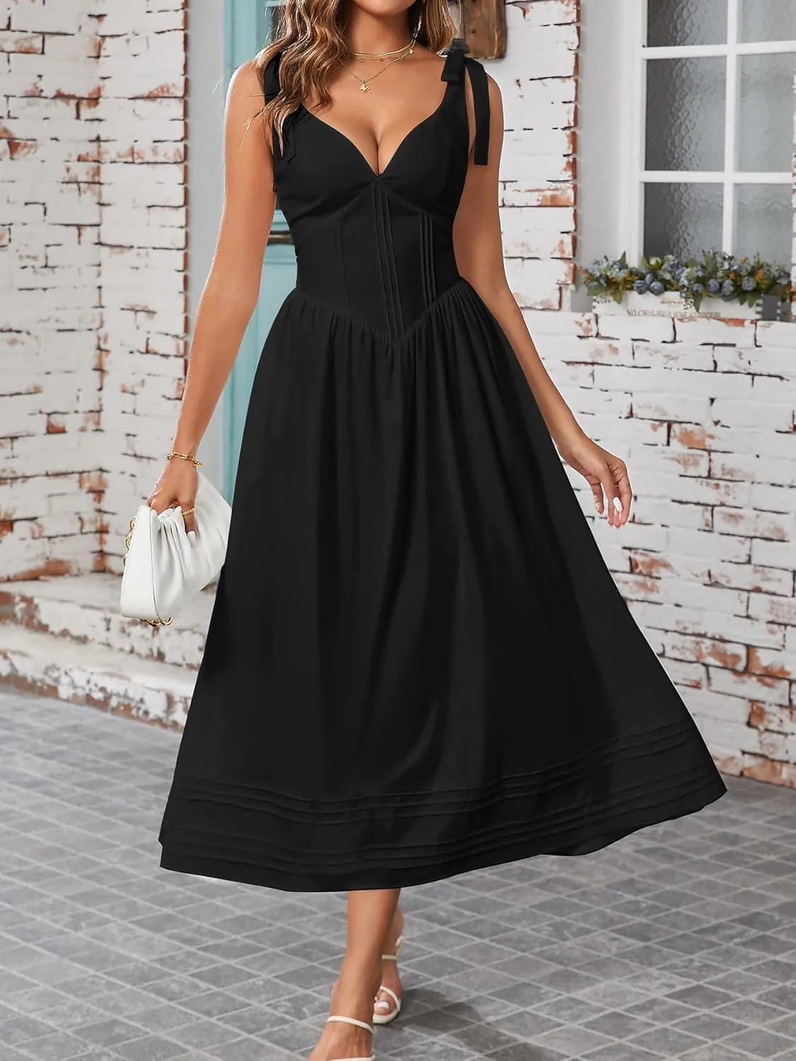 Women's Summer Midi Dress V Neck Casual Flowy A Line Sundress Wedding Guest Long Dresses with Pockets