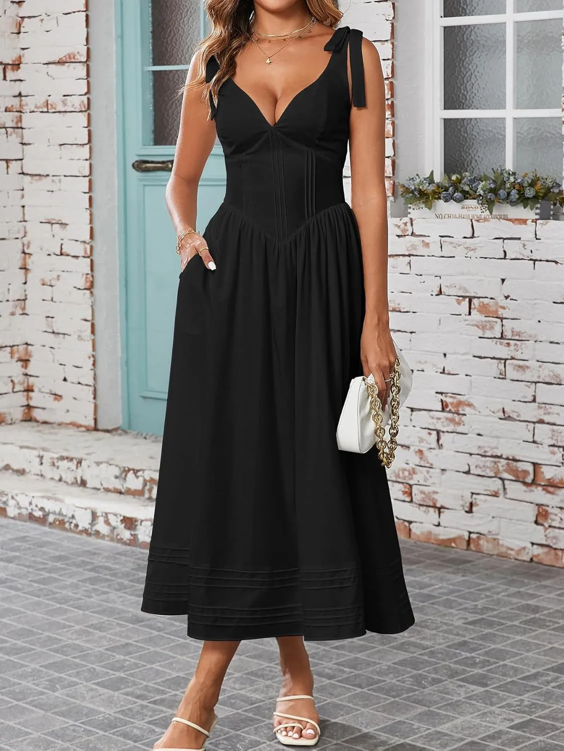 Women's Summer Midi Dress V Neck Casual Flowy A Line Sundress Wedding Guest Long Dresses with Pockets