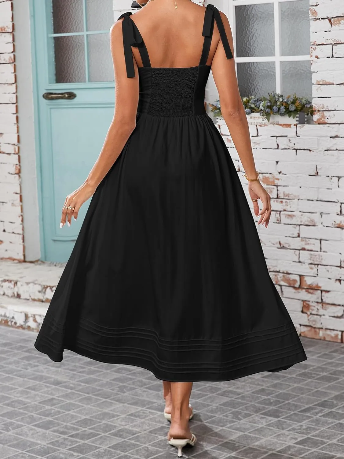 Women's Summer Midi Dress V Neck Casual Flowy A Line Sundress Wedding Guest Long Dresses with Pockets