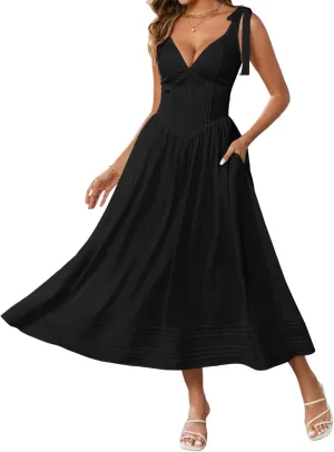 Women's Summer Midi Dress V Neck Casual Flowy A Line Sundress Wedding Guest Long Dresses with Pockets