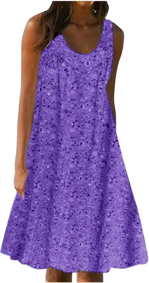 Women's Summer Print Dress Short Sleeve Crew-Neck Loose Dress Beach Dress Sun Dress Ruffled Flowy Midi Dress