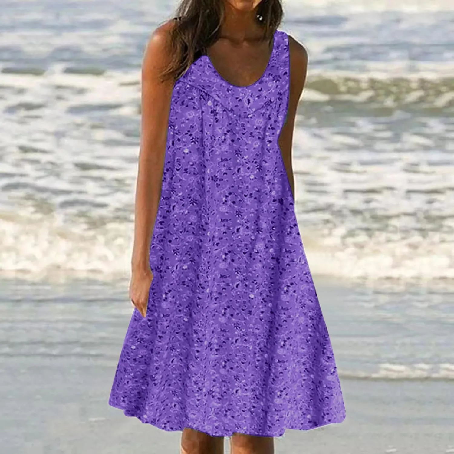 Women's Summer Print Dress Short Sleeve Crew-Neck Loose Dress Beach Dress Sun Dress Ruffled Flowy Midi Dress
