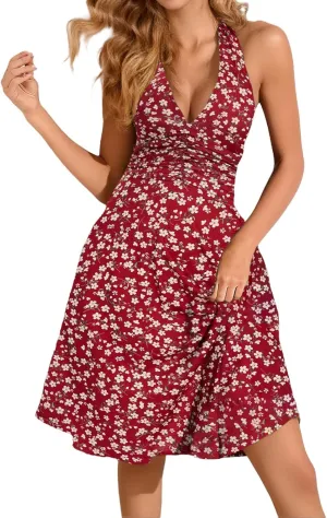 Women's Summer Sleeveless Sundress Sexy Wrap Halter V Neck 2025 Spring Floral Elastic Waist Ruffle Mini Dress Beach Vacation