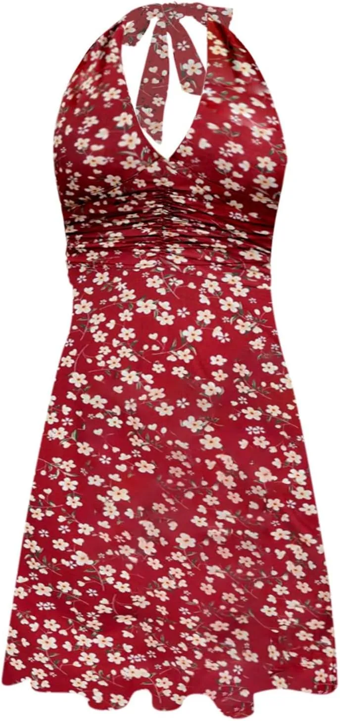 Women's Summer Sleeveless Sundress Sexy Wrap Halter V Neck 2025 Spring Floral Elastic Waist Ruffle Mini Dress Beach Vacation