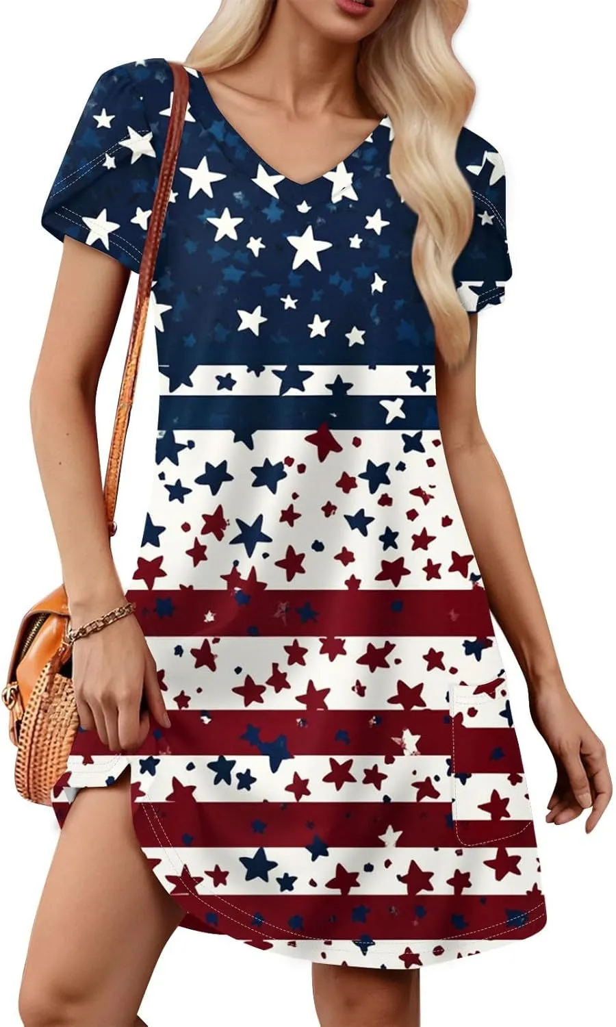 Women's Summer V Neck Short Sleeve Floral Beach Casual Loose Tshirt A Line Mini Sundresses, S-2XL