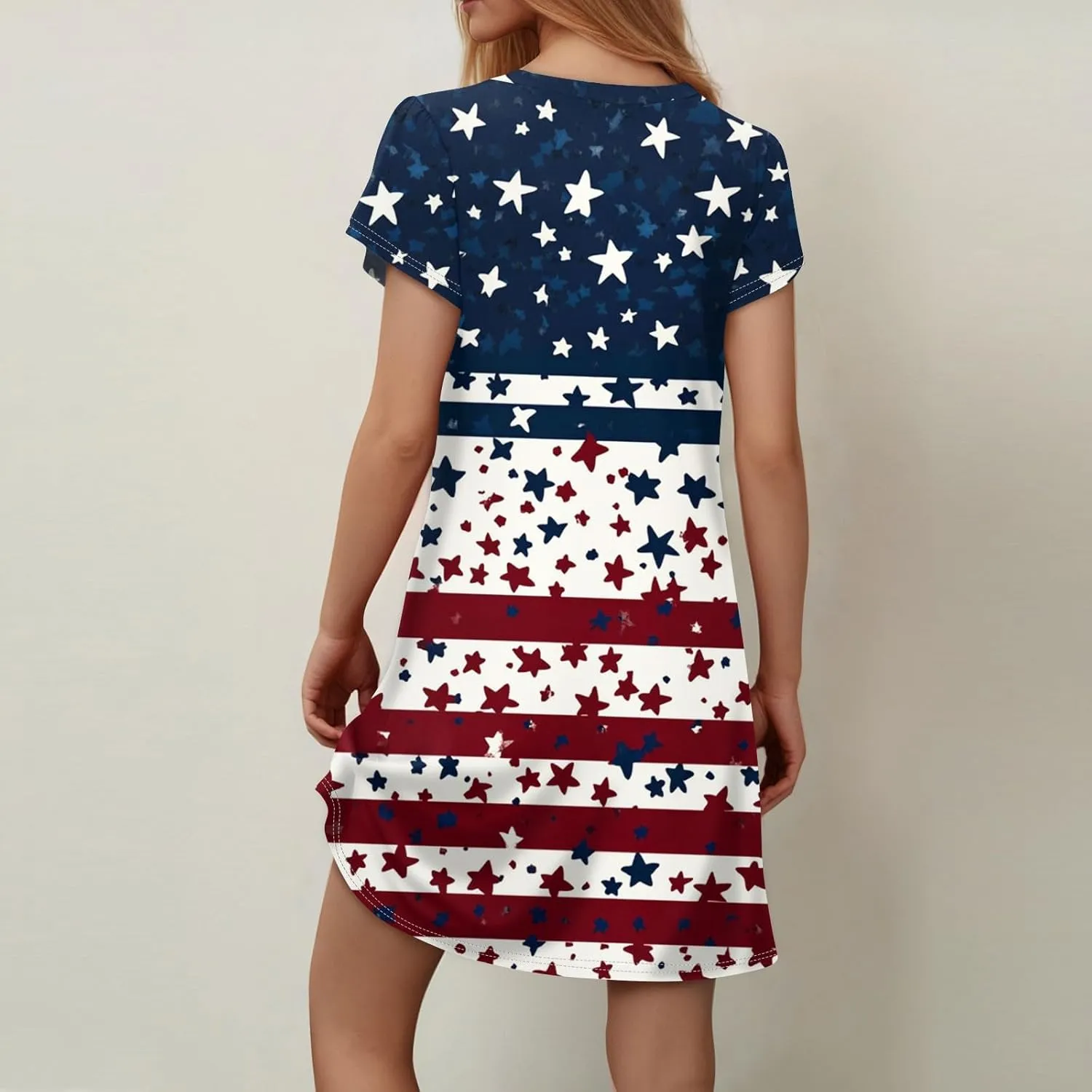 Women's Summer V Neck Short Sleeve Floral Beach Casual Loose Tshirt A Line Mini Sundresses, S-2XL