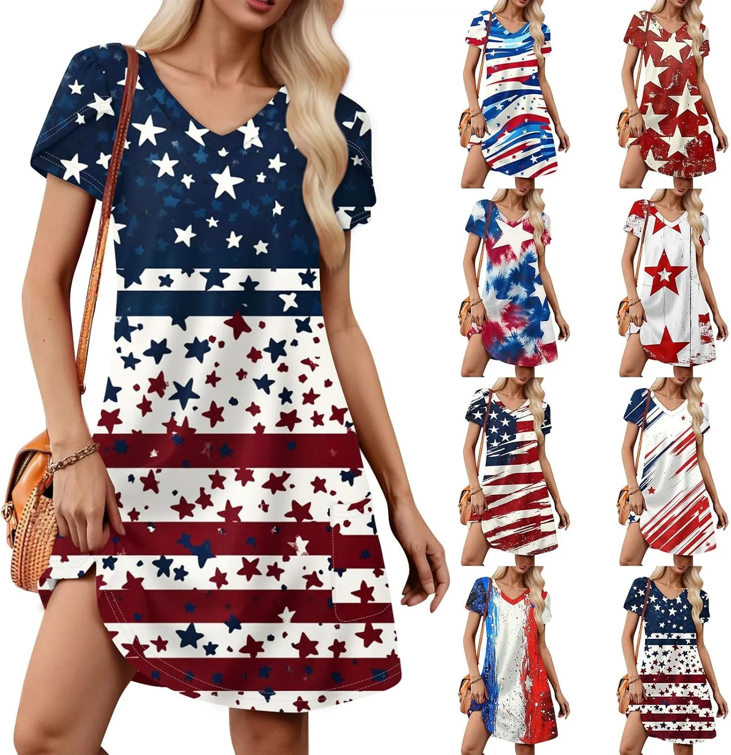 Women's Summer V Neck Short Sleeve Floral Beach Casual Loose Tshirt A Line Mini Sundresses, S-2XL