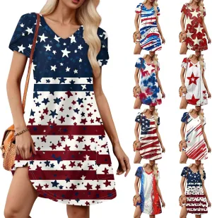 Women's Summer V Neck Short Sleeve Floral Beach Casual Loose Tshirt A Line Mini Sundresses, S-2XL
