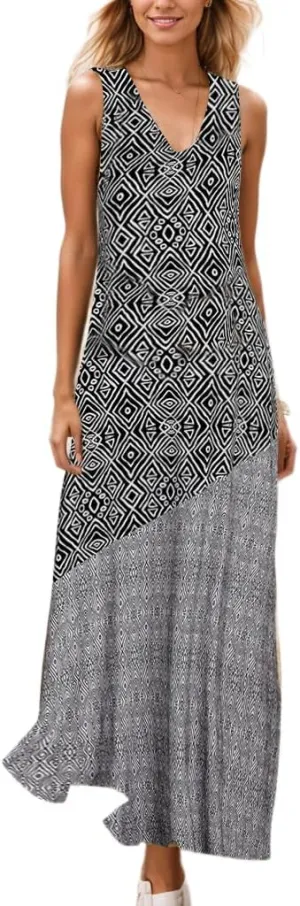 Women's Summer Vintage Tribal Maxi Sundress Flowy Casual Boho Sleeveless Beach Vacation Long Tank Dress