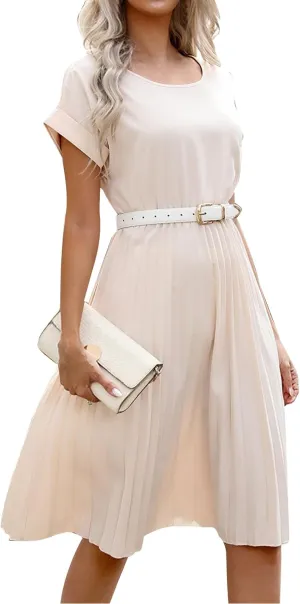 Women's Sun Dresses 2025 Vacation Summer Casual Trendy Solid Color Round Neck Short Sleeve Midi Dress, S-XL