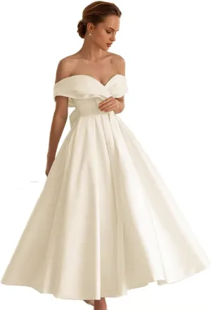 Women's Tea Length Wedding Dress for Bride Simple A Line Midi Courthouse Wedding Dresses