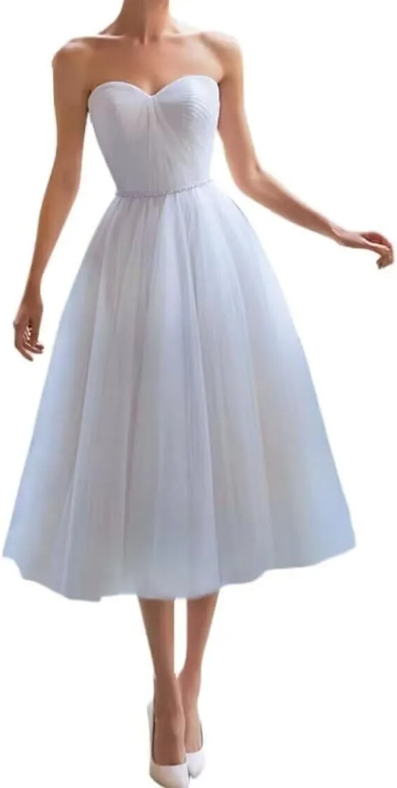 Women's Tea Length Wedding Dress for Bride Simple A Line Midi Courthouse Wedding Dresses