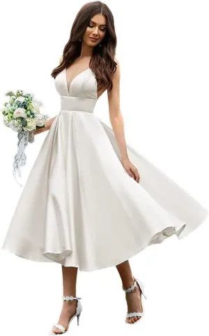 Women's Tea Length Wedding Dress for Bride Simple A Line Midi Courthouse Wedding Dresses