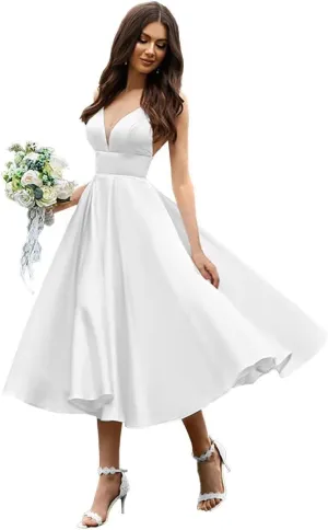 Women's Tea Length Wedding Dress for Bride Simple A Line Midi Courthouse Wedding Dresses