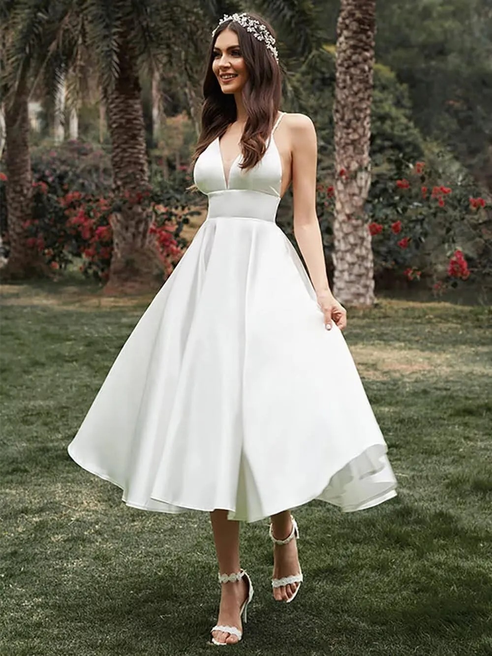 Women's Tea Length Wedding Dress for Bride Simple A Line Midi Courthouse Wedding Dresses