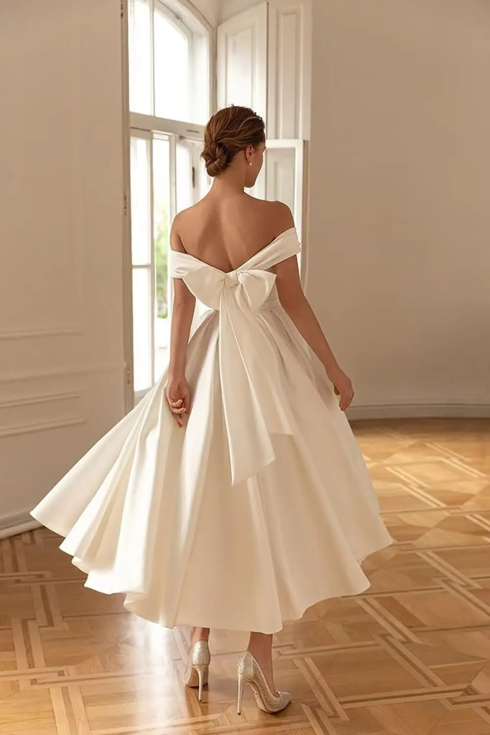 Women's Tea Length Wedding Dress for Bride Simple A Line Midi Courthouse Wedding Dresses