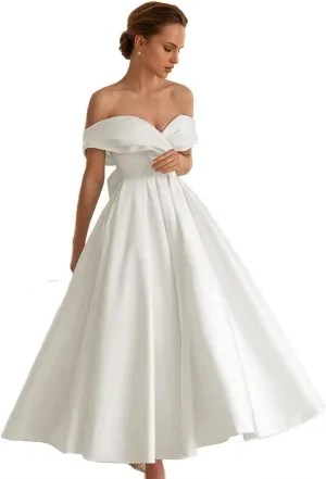 Women's Tea Length Wedding Dress for Bride Simple A Line Midi Courthouse Wedding Dresses