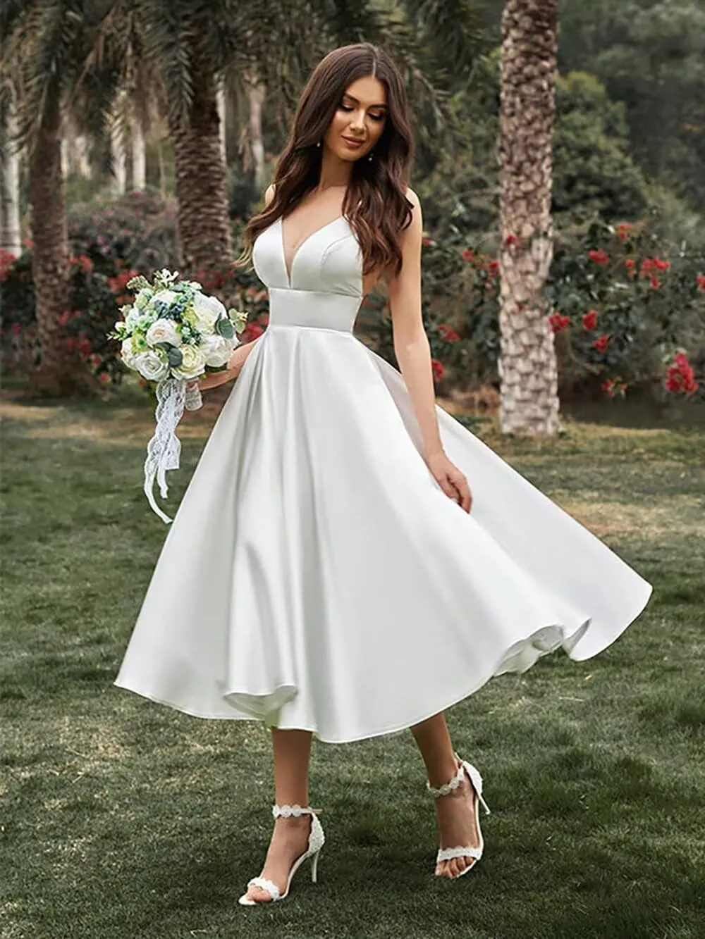 Women's Tea Length Wedding Dress for Bride Simple A Line Midi Courthouse Wedding Dresses
