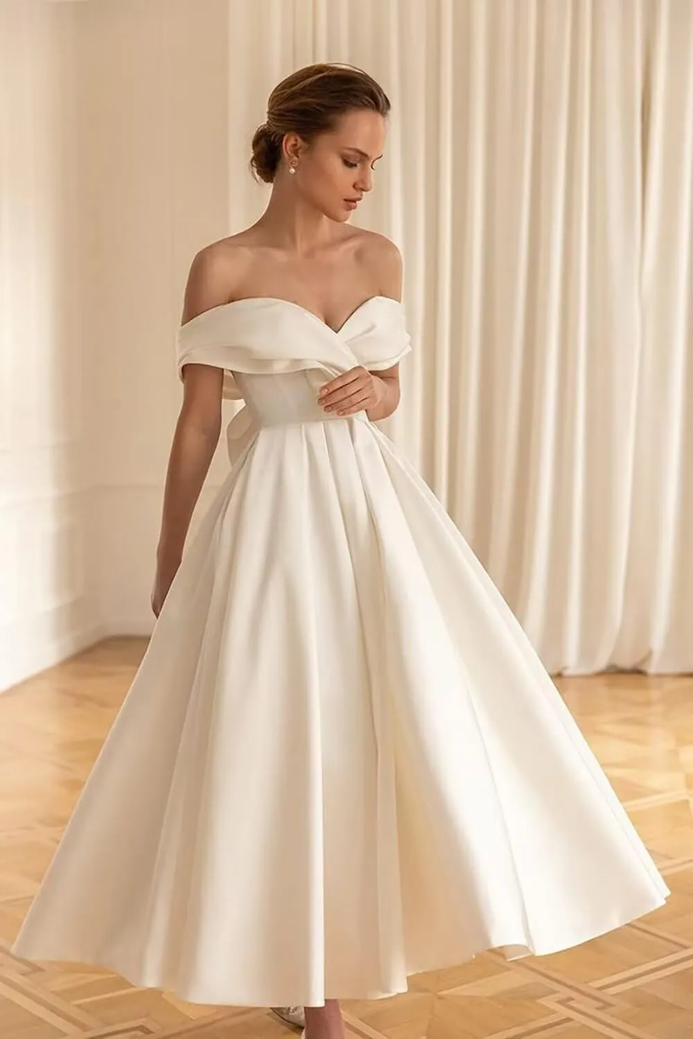 Women's Tea Length Wedding Dress for Bride Simple A Line Midi Courthouse Wedding Dresses