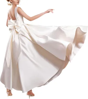 Women's Tea Length Wedding Dresses for Bride Satin Simple A Line Midi Formal Bridal Dress for Women