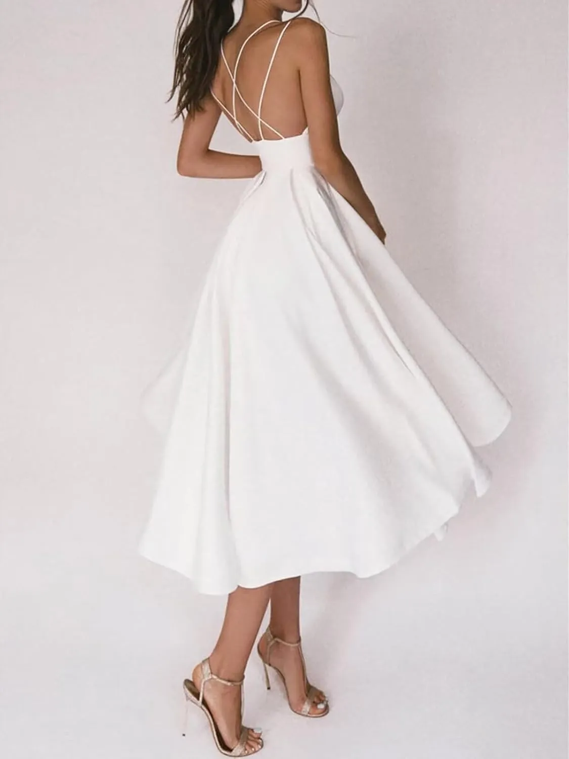 Women's Tea Length Wedding Dresses for Bride Satin Simple A Line Midi Formal Bridal Dress for Women