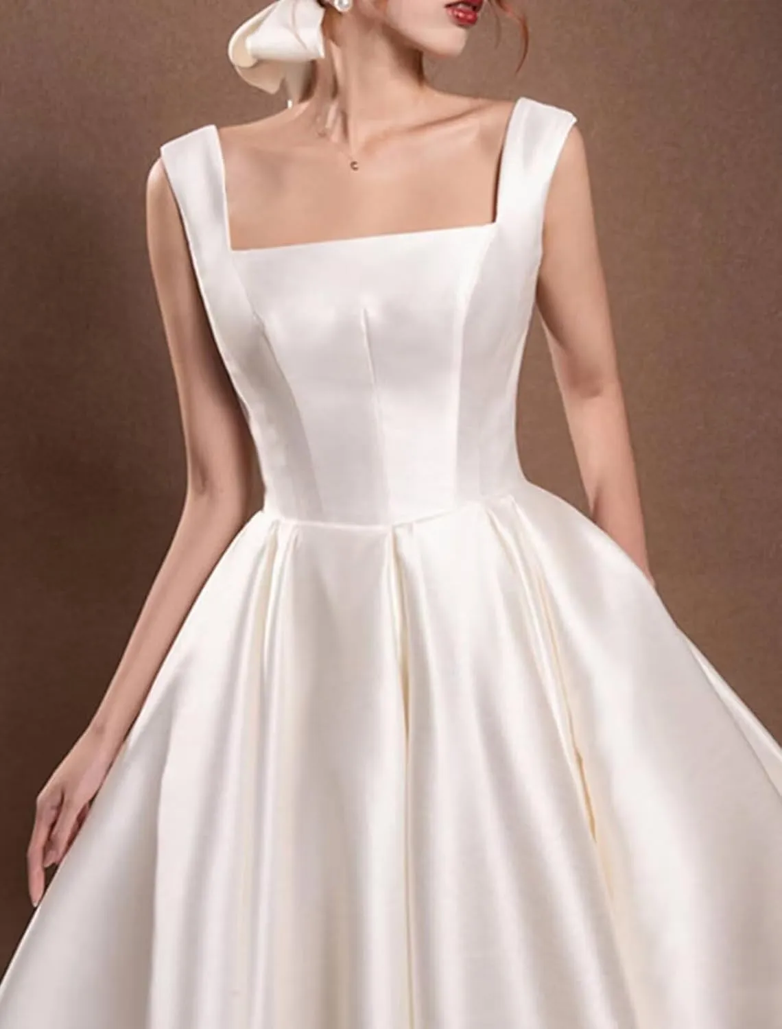 Women's Tea Length Wedding Dresses for Bride Satin Simple A Line Midi Formal Bridal Dress for Women