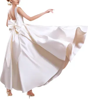 Women's Tea Length Wedding Dresses for Bride Satin Simple A Line Midi Formal Bridal Dress for Women