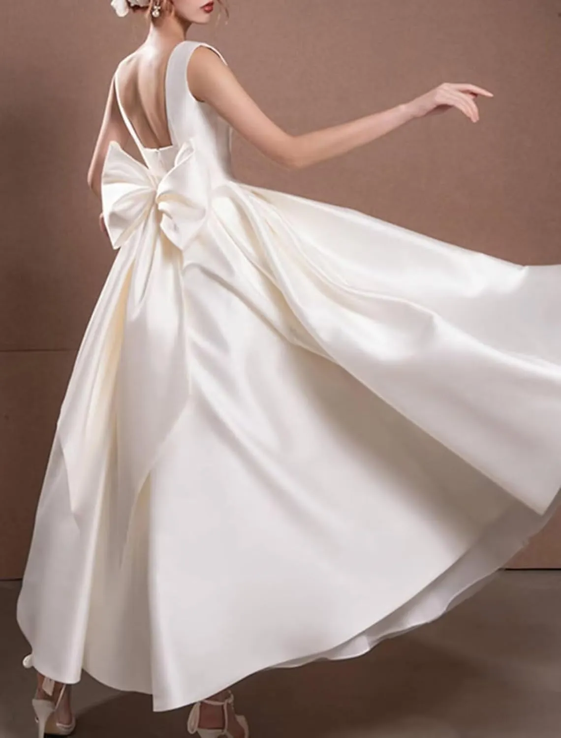 Women's Tea Length Wedding Dresses for Bride Satin Simple A Line Midi Formal Bridal Dress for Women