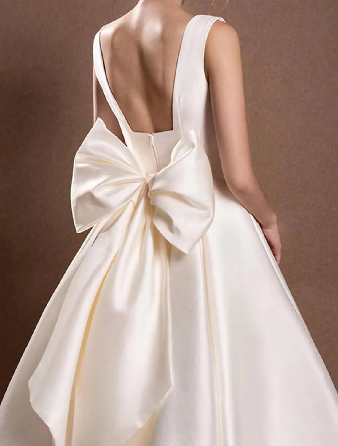 Women's Tea Length Wedding Dresses for Bride Satin Simple A Line Midi Formal Bridal Dress for Women