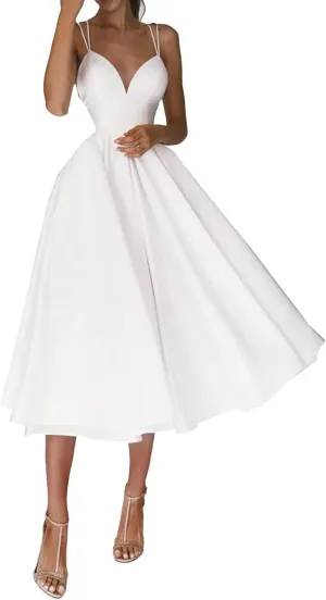 Women's Tea Length Wedding Dresses for Bride Satin Simple A Line Midi Formal Bridal Dress for Women