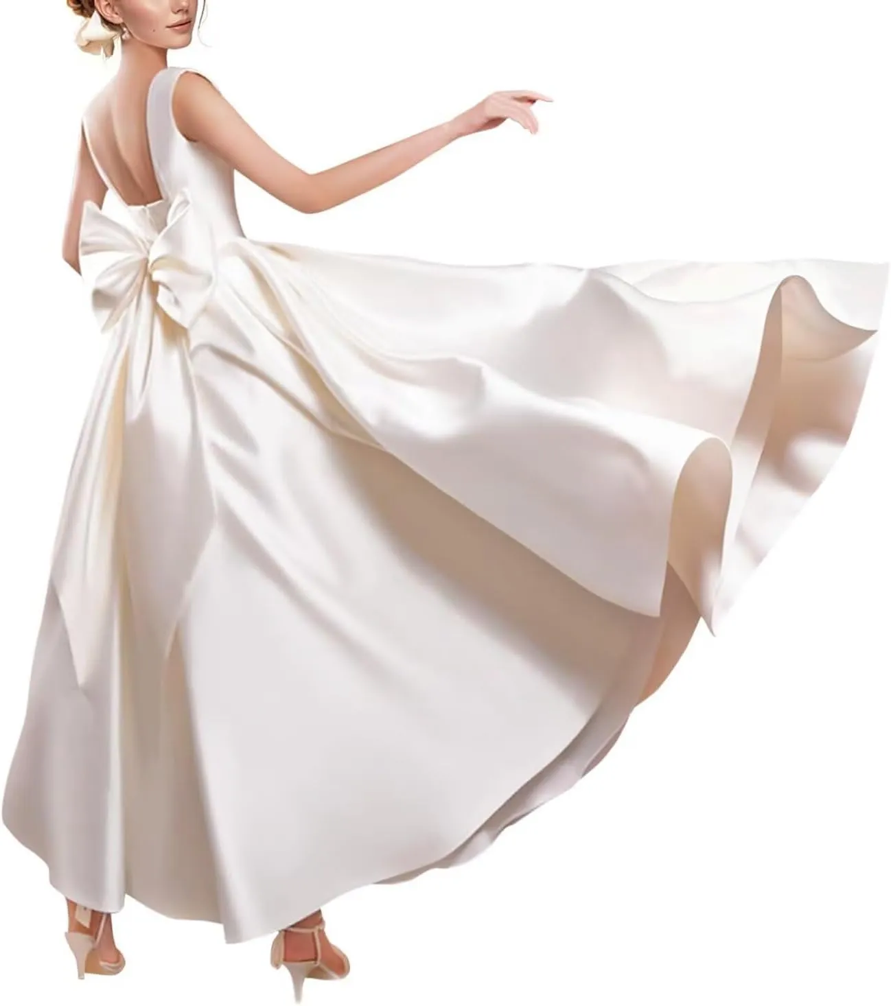 Women's Tea Length Wedding Dresses for Bride Satin Simple A Line Midi Formal Bridal Dress for Women