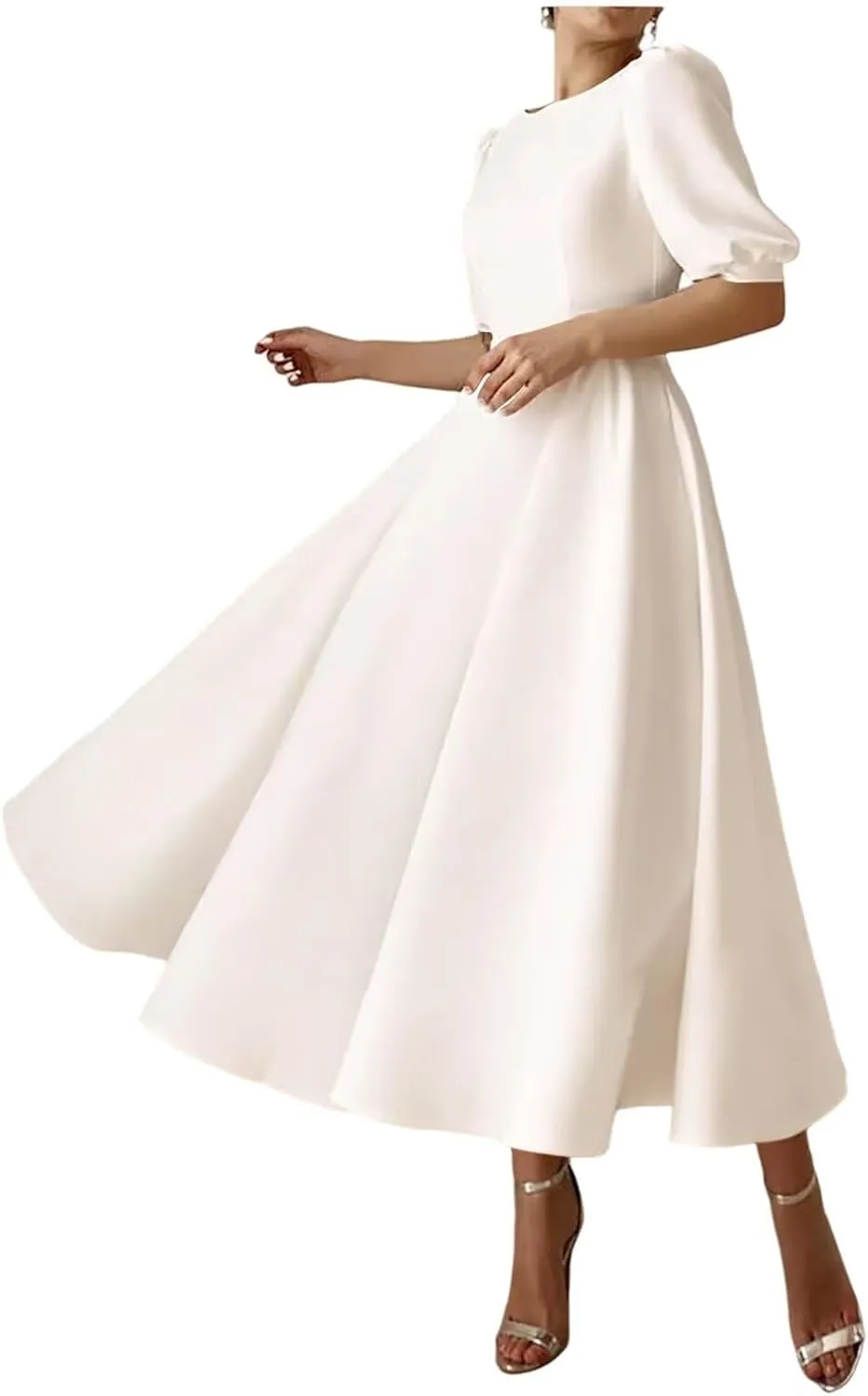 Women's Tea Length Wedding Dresses for Bride Satin Simple A Line Midi Formal Bridal Dress with Sleeves