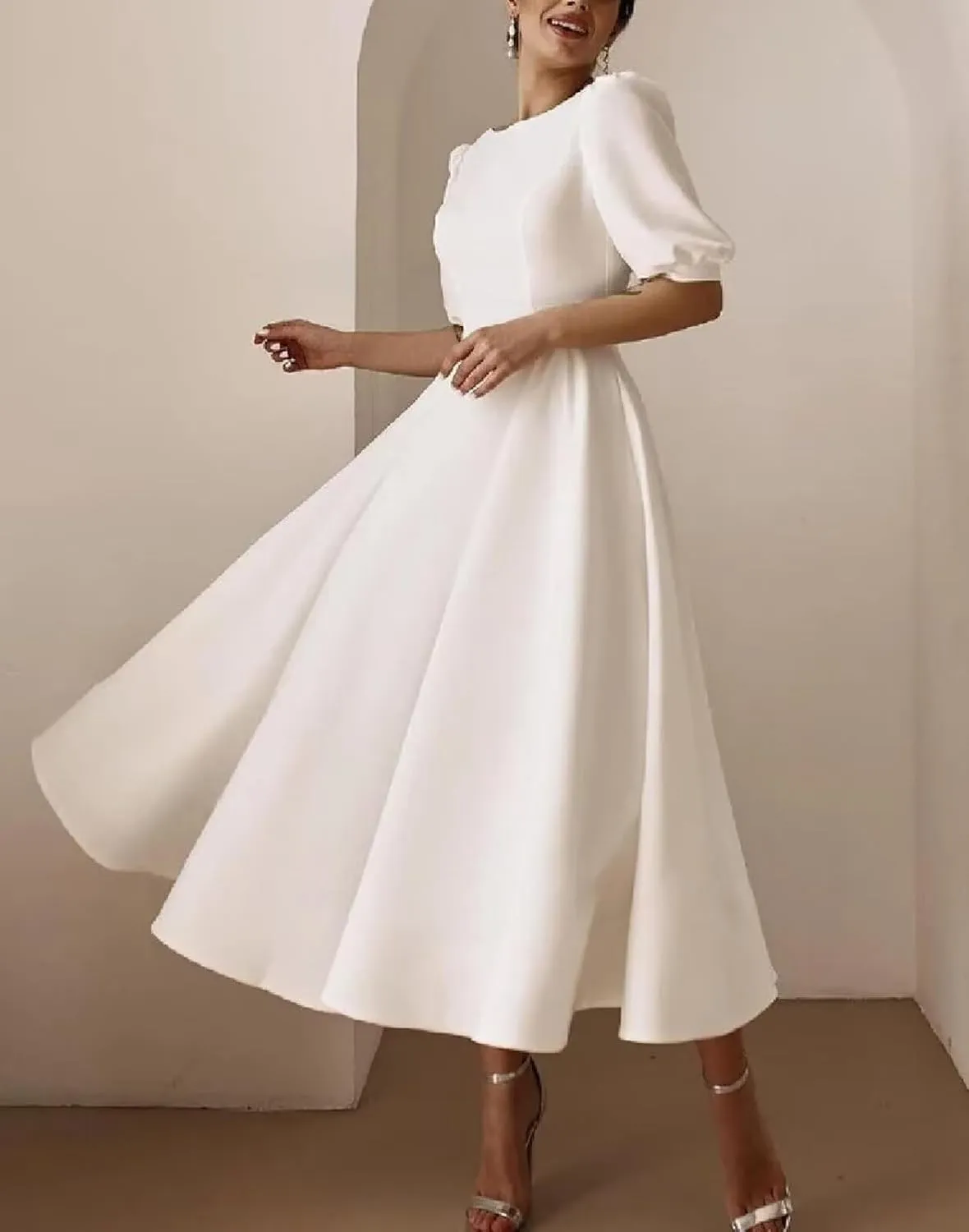 Women's Tea Length Wedding Dresses for Bride Satin Simple A Line Midi Formal Bridal Dress with Sleeves