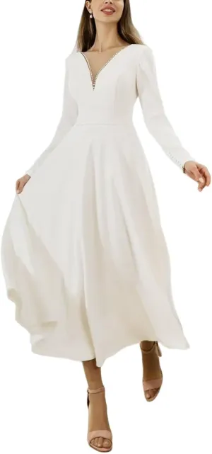 Women's Tea Length Wedding Dresses for Bride Satin Simple A Line Midi Formal Bridal Dress with Sleeves
