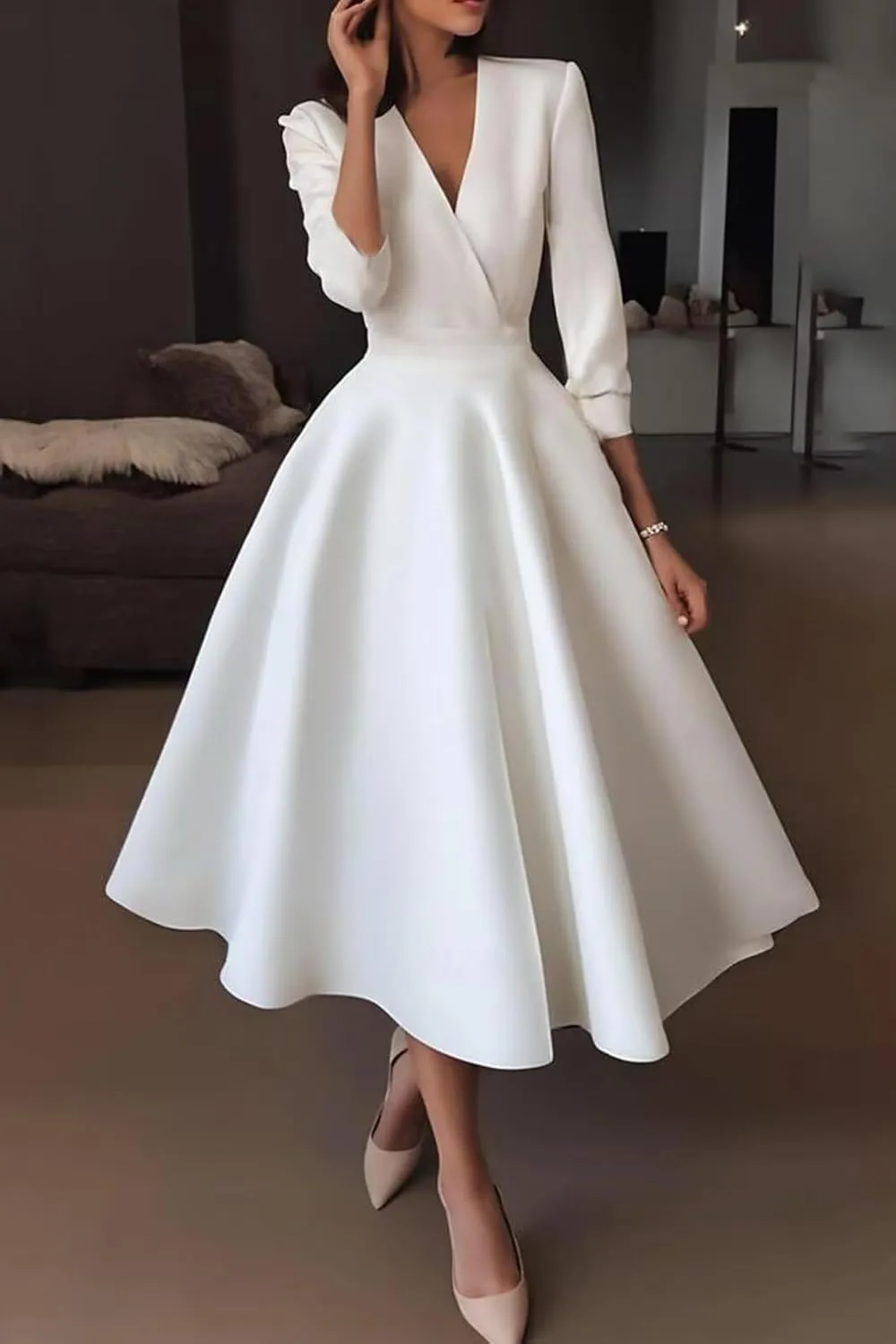 Women's Tea Length Wedding Dresses for Bride Satin Simple A Line Midi Formal Bridal Dress with Sleeves