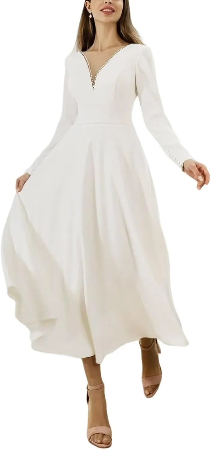 Women's Tea Length Wedding Dresses for Bride Satin Simple A Line Midi Formal Bridal Dress with Sleeves