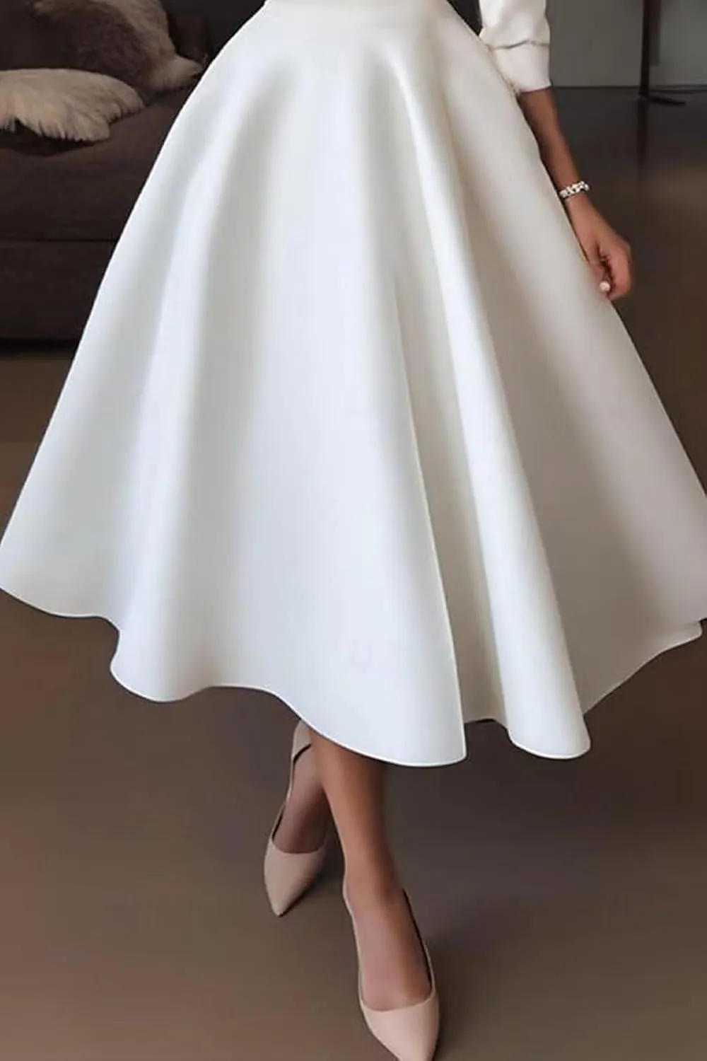 Women's Tea Length Wedding Dresses for Bride Satin Simple A Line Midi Formal Bridal Dress with Sleeves