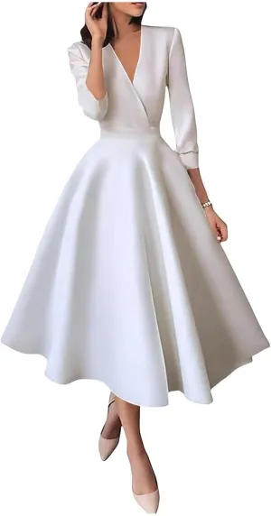 Women's Tea Length Wedding Dresses for Bride Satin Simple A Line Midi Formal Bridal Dress with Sleeves
