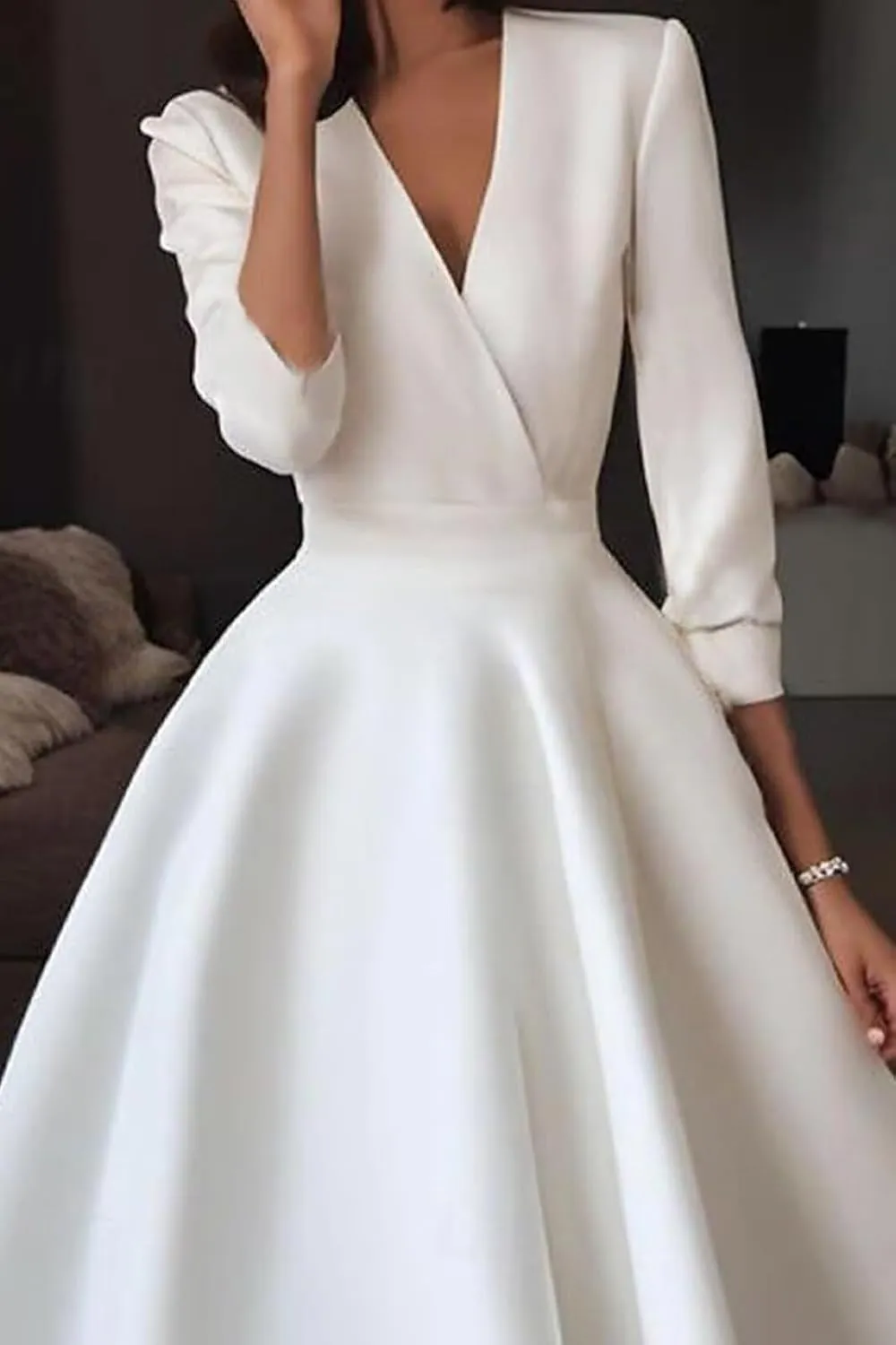 Women's Tea Length Wedding Dresses for Bride Satin Simple A Line Midi Formal Bridal Dress with Sleeves
