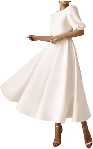Women's Tea Length Wedding Dresses for Bride Satin Simple A Line Midi Formal Bridal Dress with Sleeves