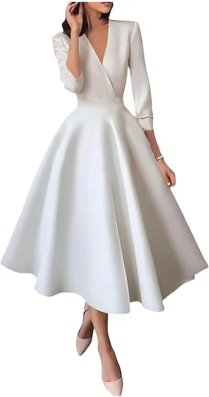 Women's Tea Length Wedding Dresses for Bride Satin Simple A Line Midi Formal Bridal Dress with Sleeves
