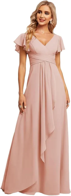 Women's V Neck Chiffon Bridesmaid Dresses Flutter Sleeve Ruffled A-Line Formal Maxi Dress R047