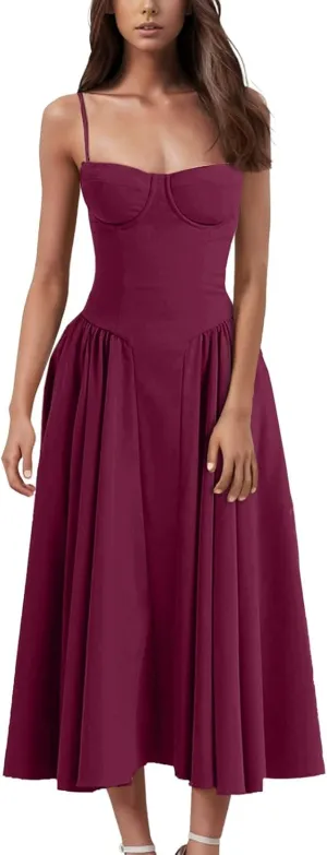 Womens Vintage Corset Dress Sweetheart Neckline Sleeveless Lace Up Side Slit Swing Elegant Midi Tea Party Dresses