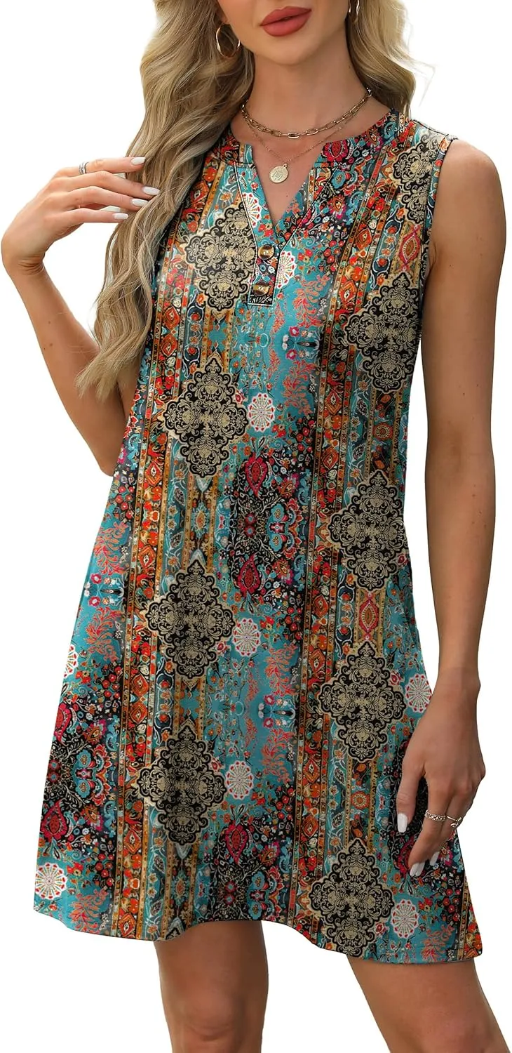 XIEERDUO Summer Dresses for Women 2025 Beach Vacation Clothes V Neck Button Sundresses with Pockets