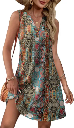 XIEERDUO Summer Dresses for Women 2025 Beach Vacation Clothes V Neck Button Sundresses with Pockets