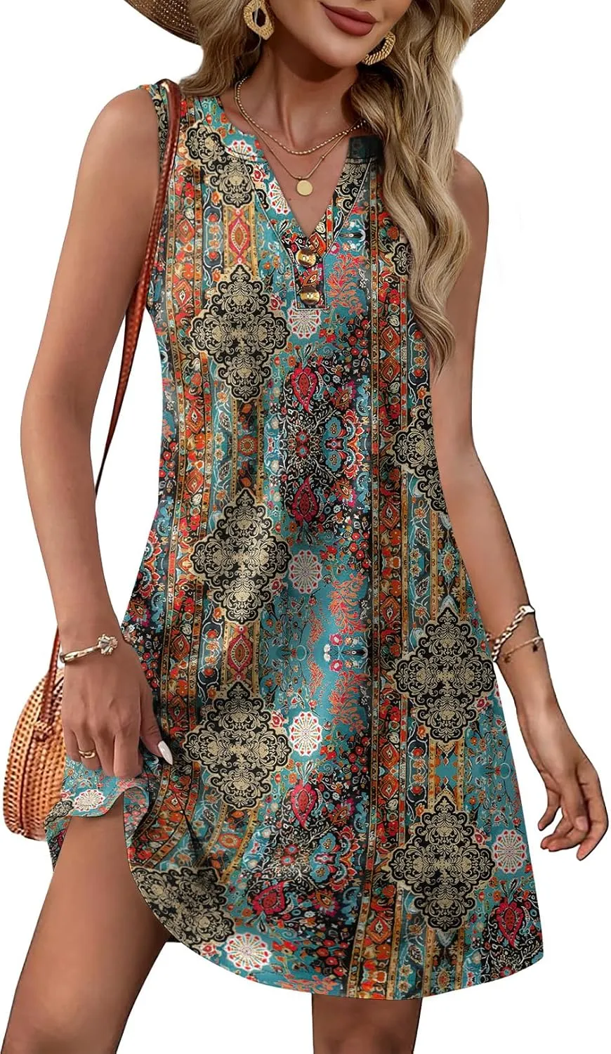 XIEERDUO Summer Dresses for Women 2025 Beach Vacation Clothes V Neck Button Sundresses with Pockets